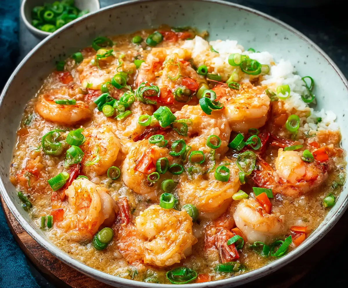 Delicious shrimp with rich lobster sauce served on a plate, perfect for seafood lovers.