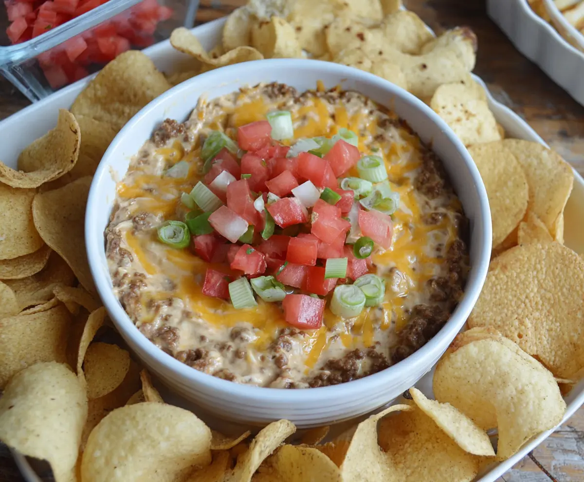 Delicious Slow Cooker Big Mac Dip served in a bowl with crispy potato chips.