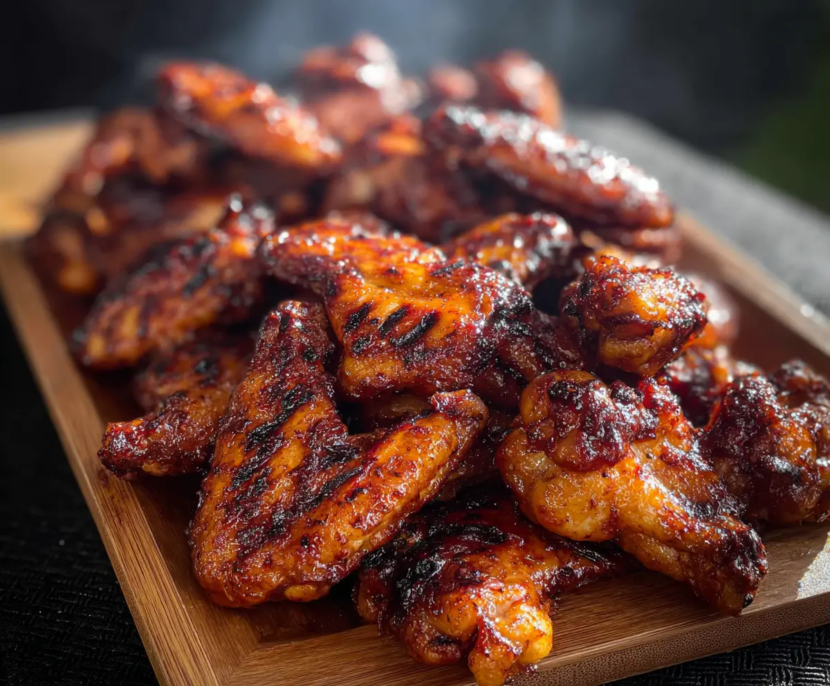 Delicious smoky grilled chicken wings on a platter, perfect for barbecues and party snacks