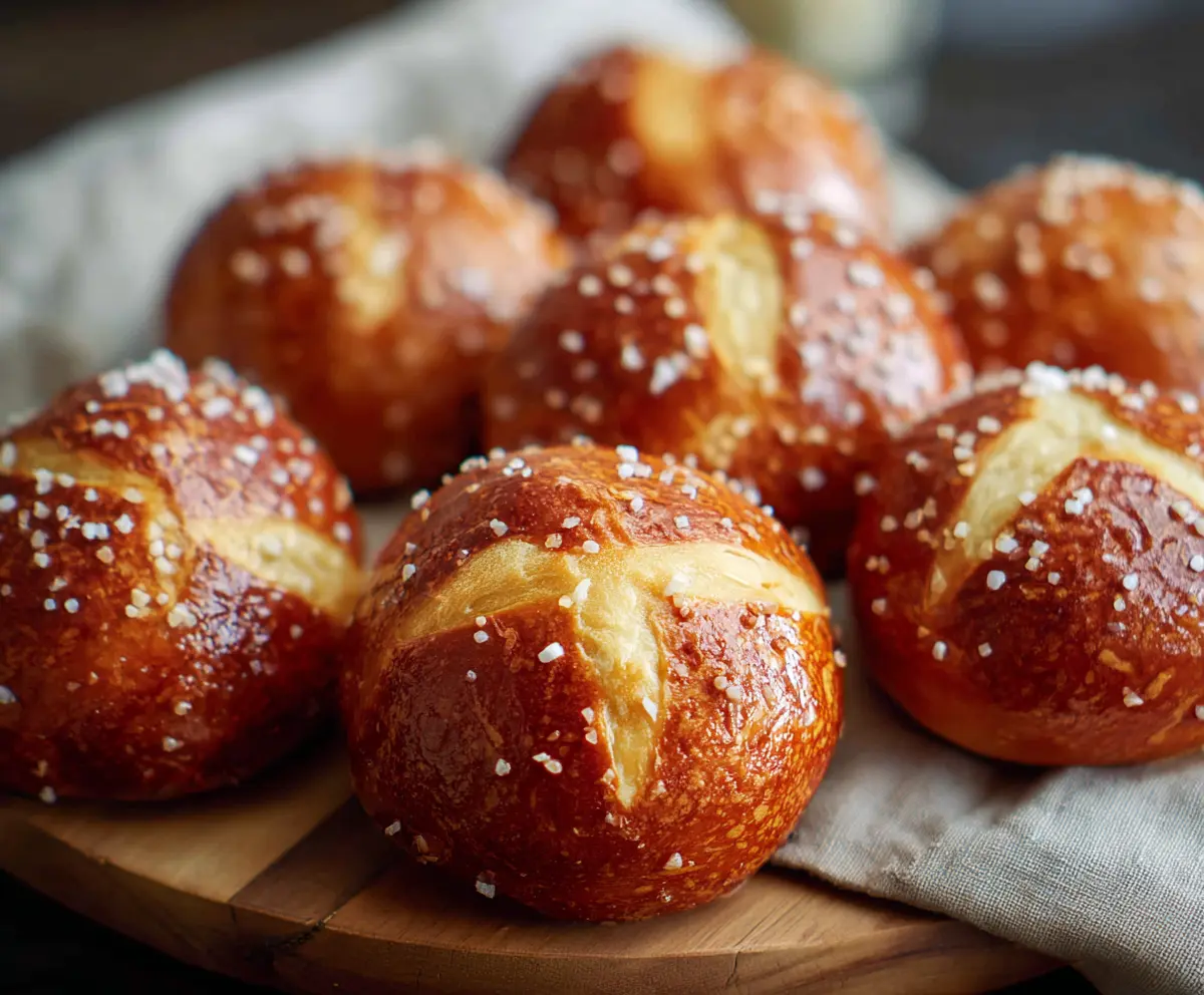Golden soft pretzel buns fresh out of the oven, perfect for burgers or snacks