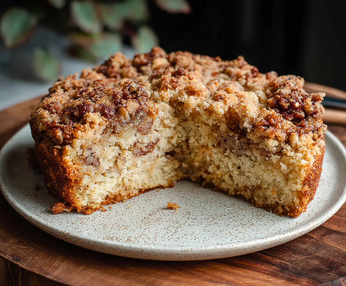 Delicious slice of sourdough breakfast cake with fresh fruit and yogurt on a wooden table.