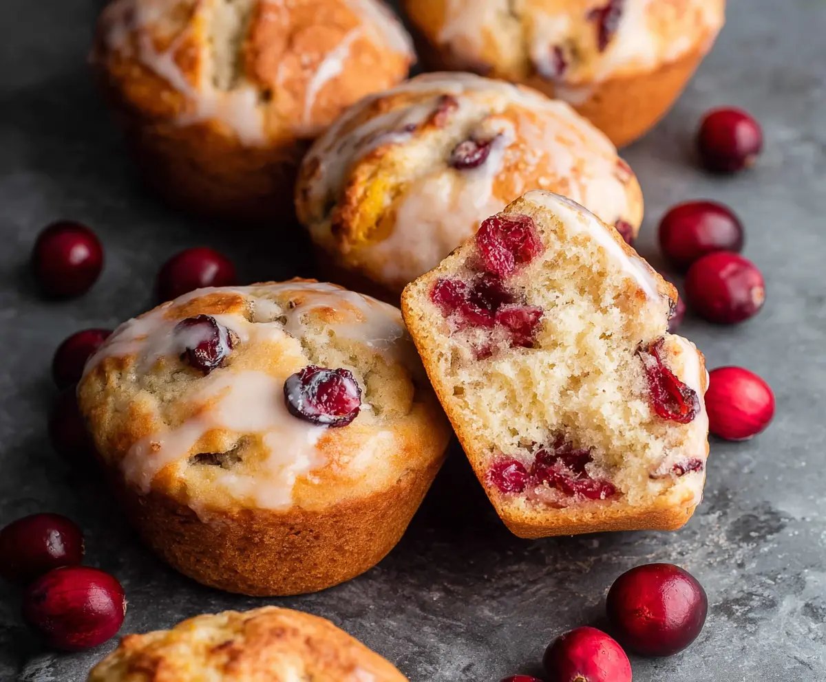 Delicious sourdough cranberry orange muffins with fresh cranberries and orange zest on a rustic baking sheet.