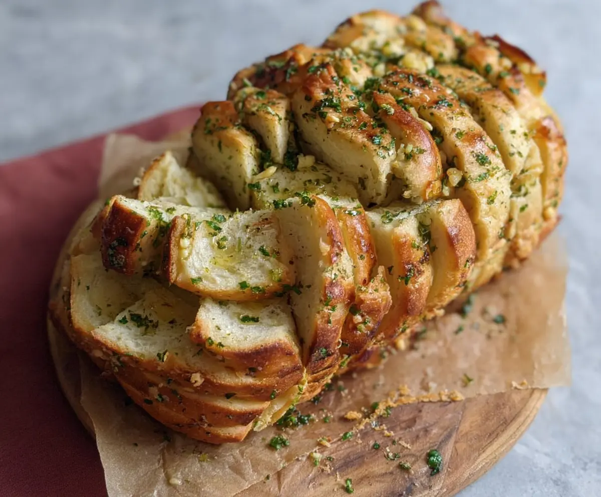 Delicious sourdough discard garlic pull apart bread fresh out of the oven, showcasing golden, cheesy layers.