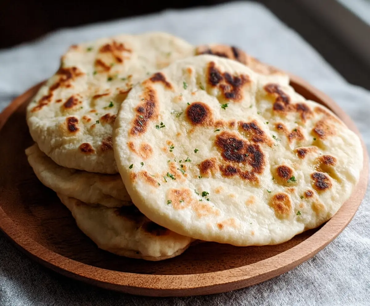 Delicious homemade sourdough discard naan bread on a wooden cutting board, perfect for Indian-inspired meals.