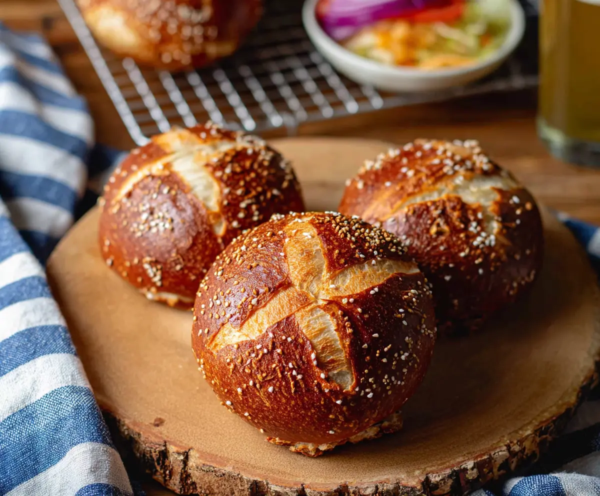 Golden brown sourdough discard pretzel buns fresh out of the oven, perfect for sandwiches and snacks.