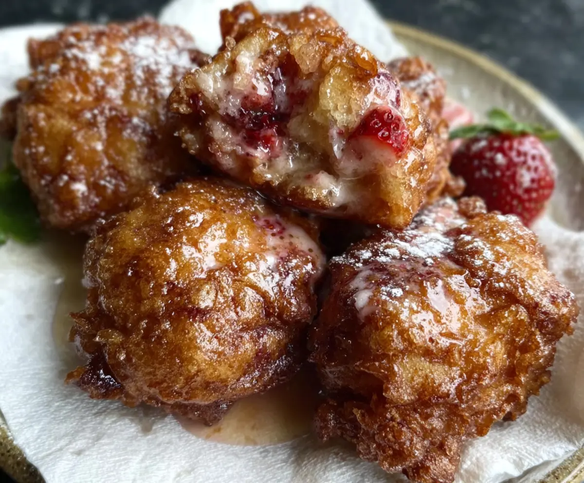 Delicious sourdough discard strawberry fritters garnished with powdered sugar on a rustic plate.
