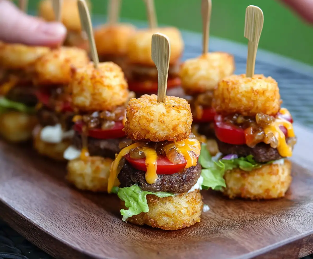 Delicious Tater Tot Mini Cheeseburger Bites served hot with melted cheese and fresh toppings.