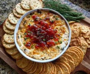Delicious Pepper Jelly Cheese Dip served with crackers for a tasty appetizer