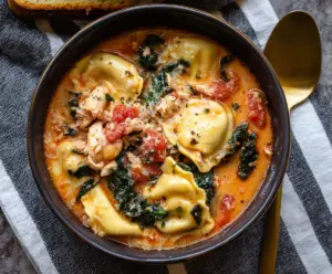 Delicious Tuscan Ravioli Soup in a bowl with fresh herbs and vegetables.