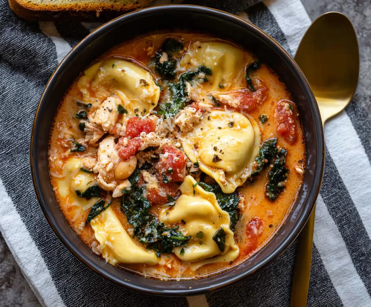 Delicious Tuscan Ravioli Soup in a bowl with fresh herbs and vegetables.