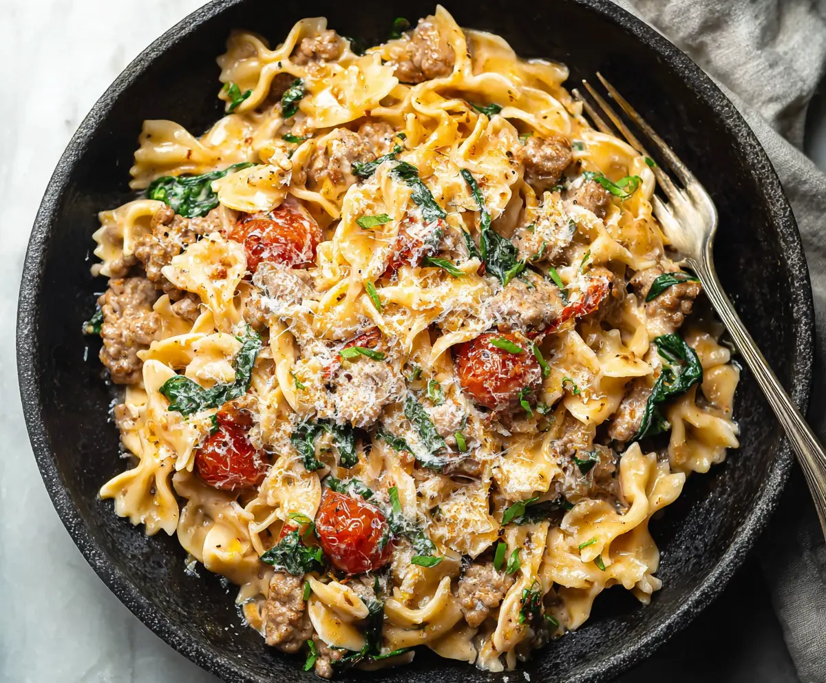 Delicious Tuscan sausage pasta dish with herbs and melted cheese on a rustic plate.