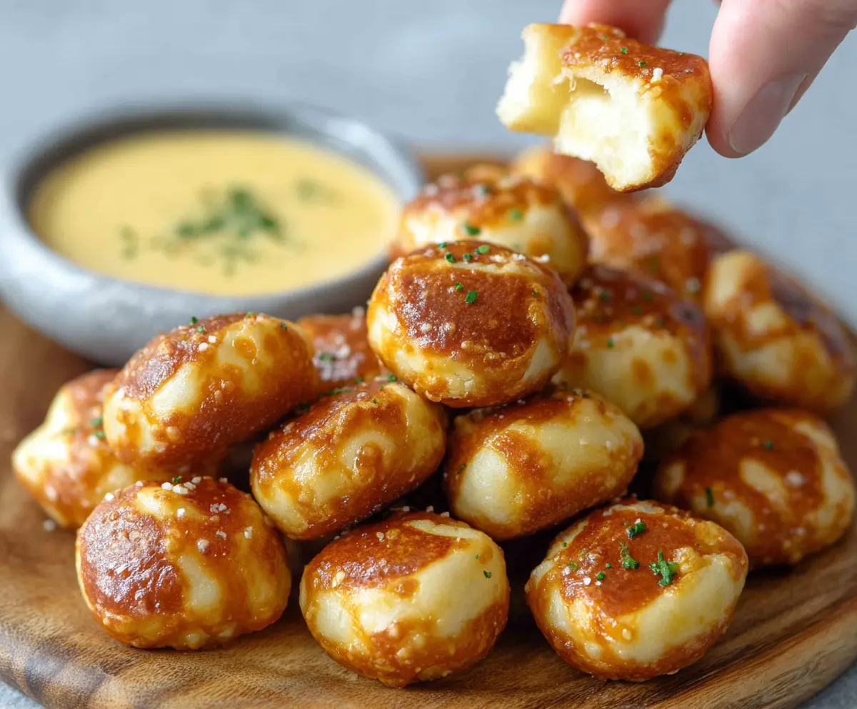 Close-up of golden-brown two ingredient dough pretzel bites on a white plate, sprinkled with coarse salt.