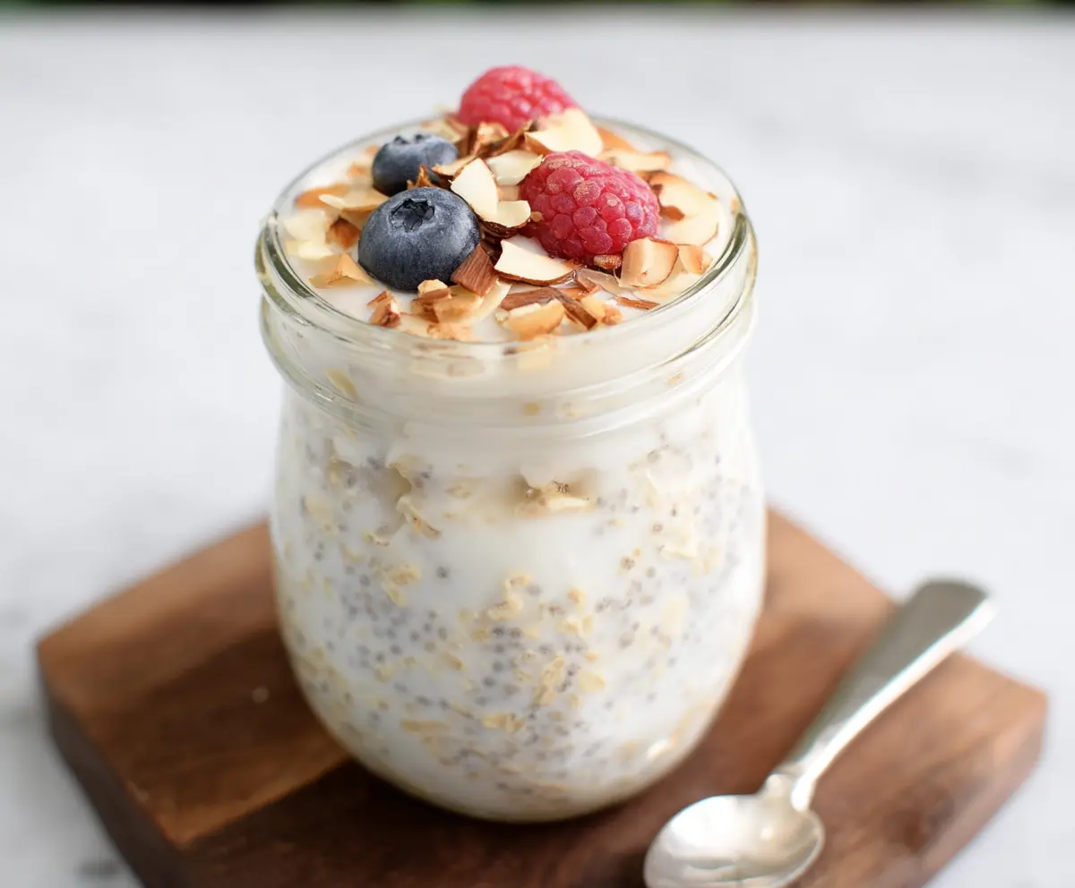 Delicious vanilla overnight oats in a jar topped with fresh berries and chia seeds.