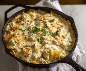 Delicious white chicken skillet lasagna with melted cheese and fresh herbs