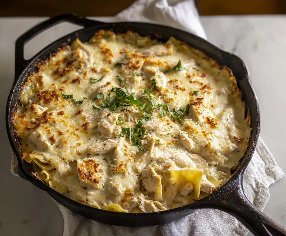 Delicious white chicken skillet lasagna with melted cheese and fresh herbs