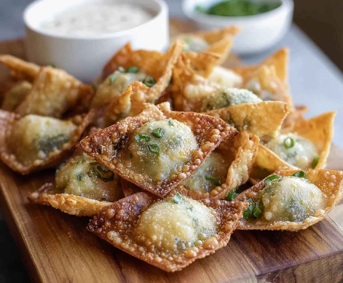 Delicious Wonton Jalapeño Poppers with melted cheese and crispy exterior served on a platter.