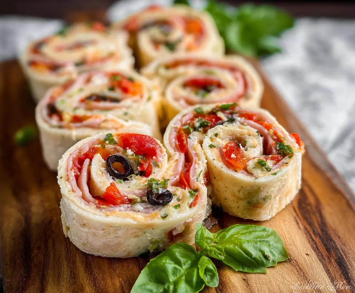 Delicious Zesty Italian Pinwheels with colorful ingredients rolled in a savory dough