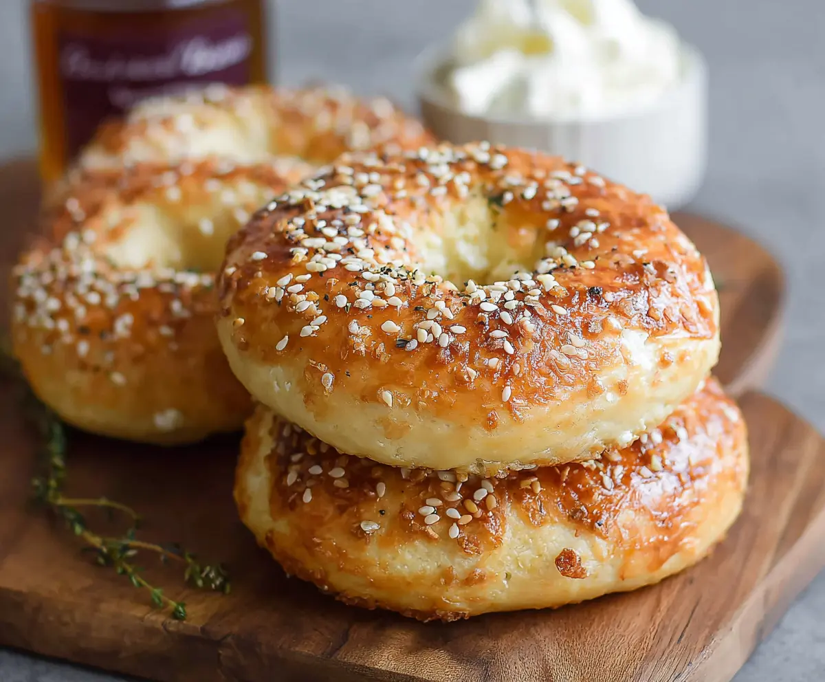 Close-up of homemade 3-ingredient cottage cheese bagels on a baking tray.