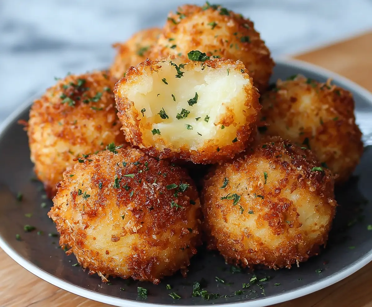 Crispy Air Fryer Cheesy Mashed Potato Balls with golden-brown exterior and gooey cheese filling.