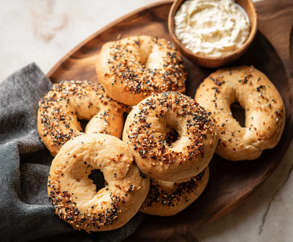 Delicious homemade almond flour Greek yogurt bagels on a plate, perfect for healthy breakfast options.
