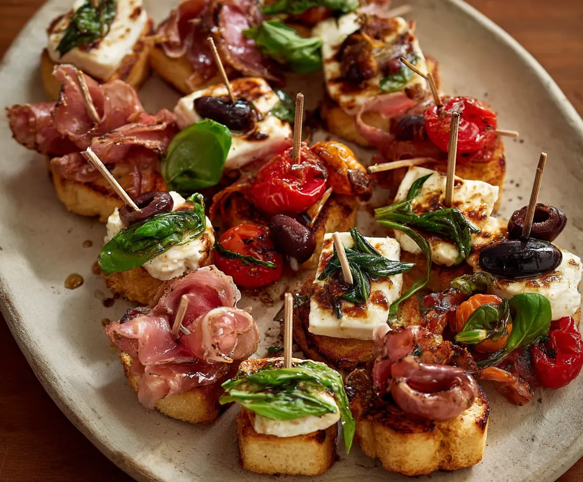 Delicious Antipasto Bites with cured meats, cheese, and vegetables on a platter.