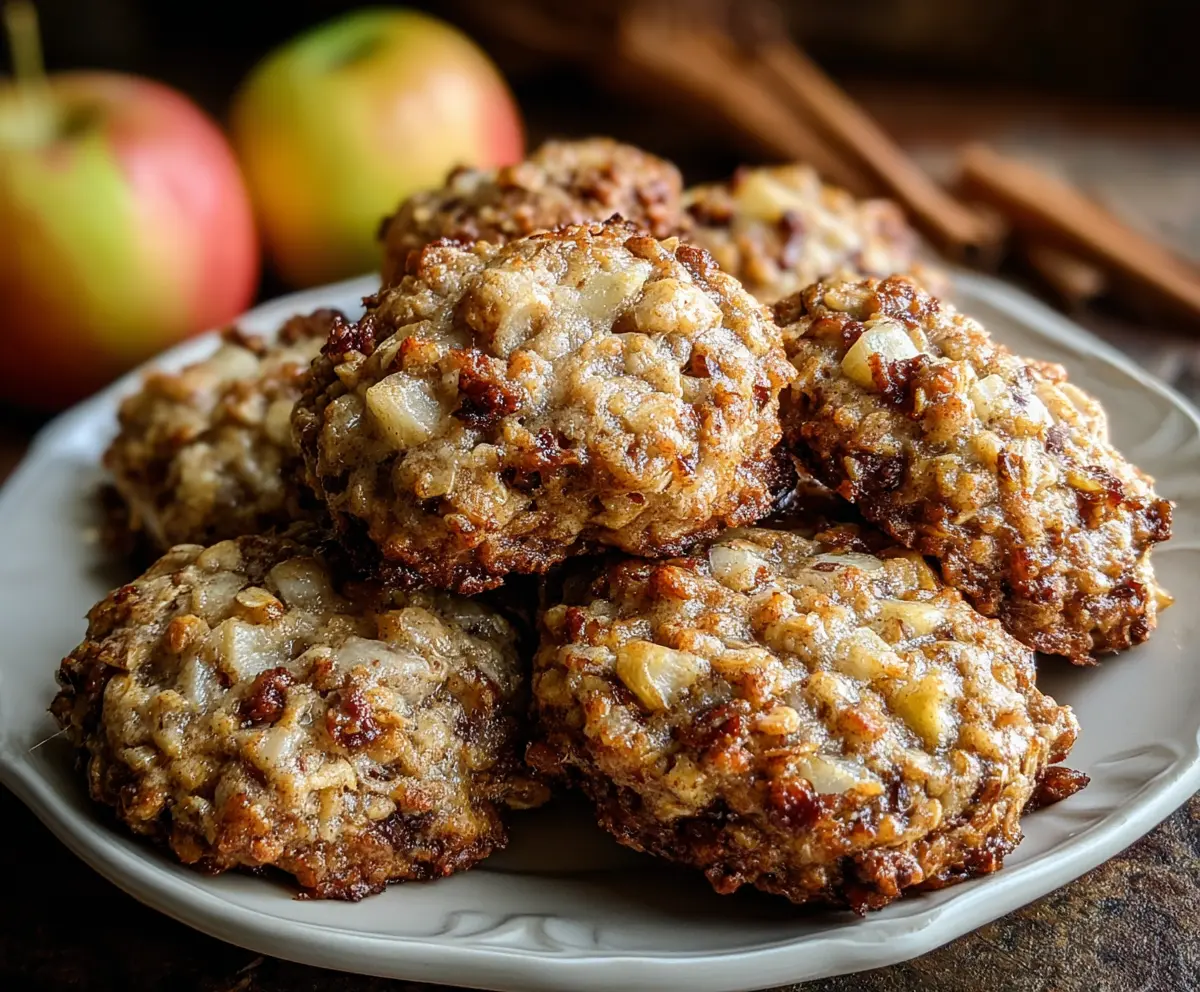 Healthy apple cinnamon cottage cheese breakfast cookies with oats and nuts on a white plate.