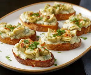 Delicious artichoke bruschetta topped with fresh herbs on a rustic wooden board.