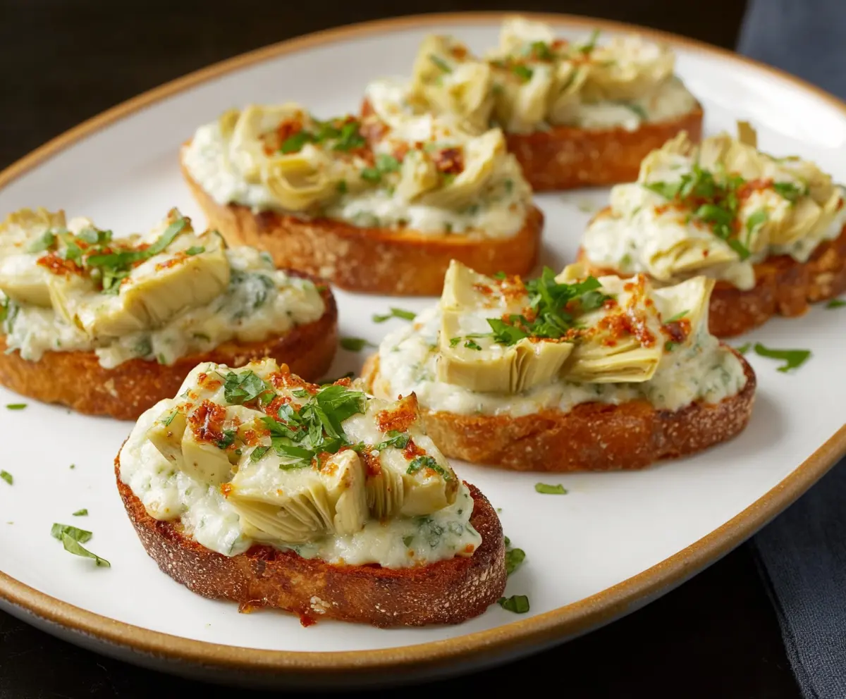 Delicious artichoke bruschetta topped with fresh herbs on a rustic wooden board.
