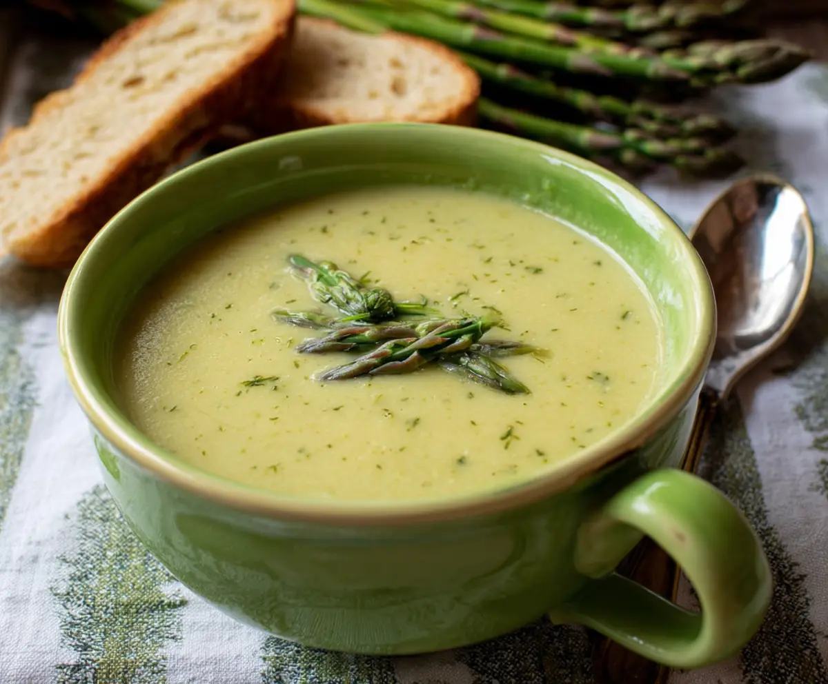 Creamy asparagus and leek soup served in a bowl with fresh herbs for a healthy recipe.