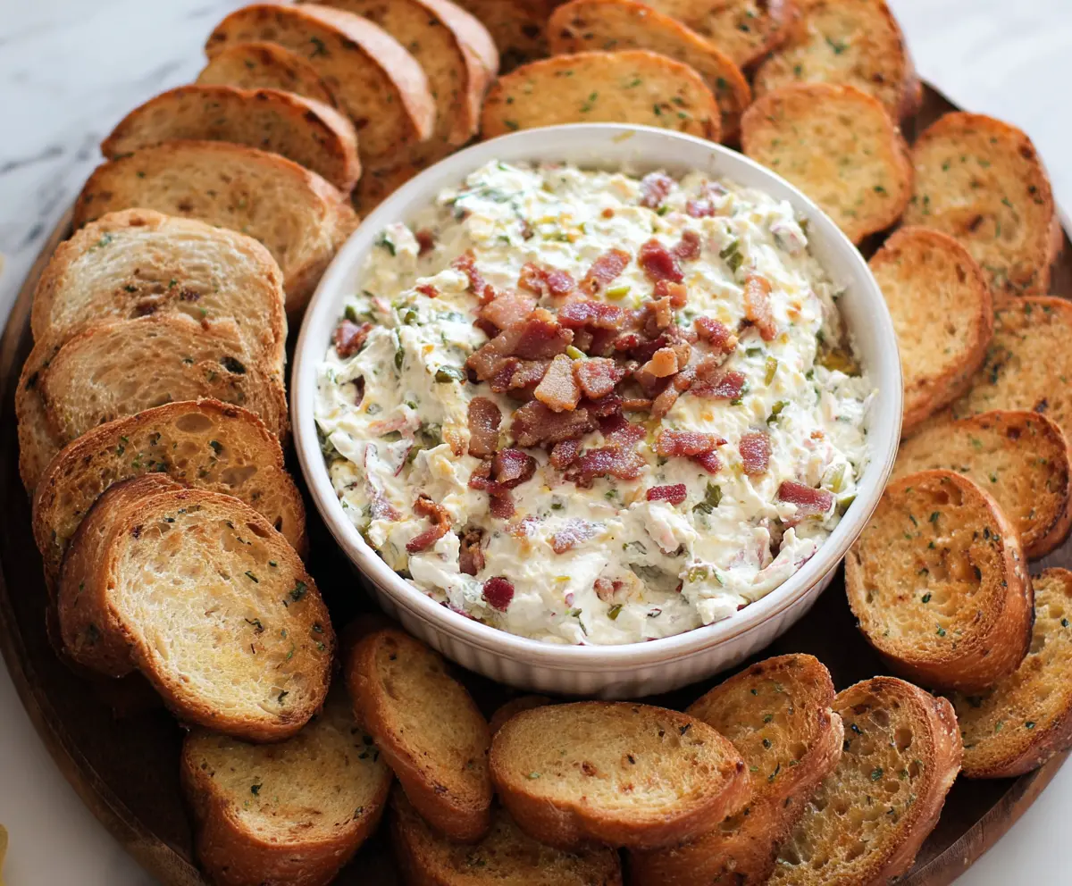 Delicious bacon jalapeño cream cheese dip served with crispy chips on a party platter.