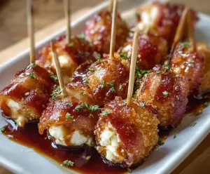 Bacon mozzarella poppers topped with sweet maple glaze, perfect appetizer for parties.