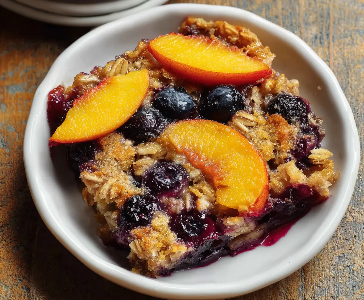 Delicious baked blueberry peach oatmeal in a baking dish, featuring fresh blueberries, sliced peaches, and a golden crust.