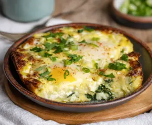 Delicious baked cottage cheese eggs served on a plate, garnished with herbs.