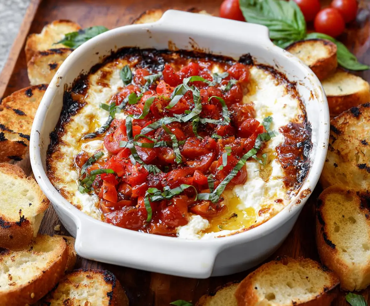 Delicious Baked Goat Cheese Bruschetta Dip served with fresh slices of baguette and herbs.