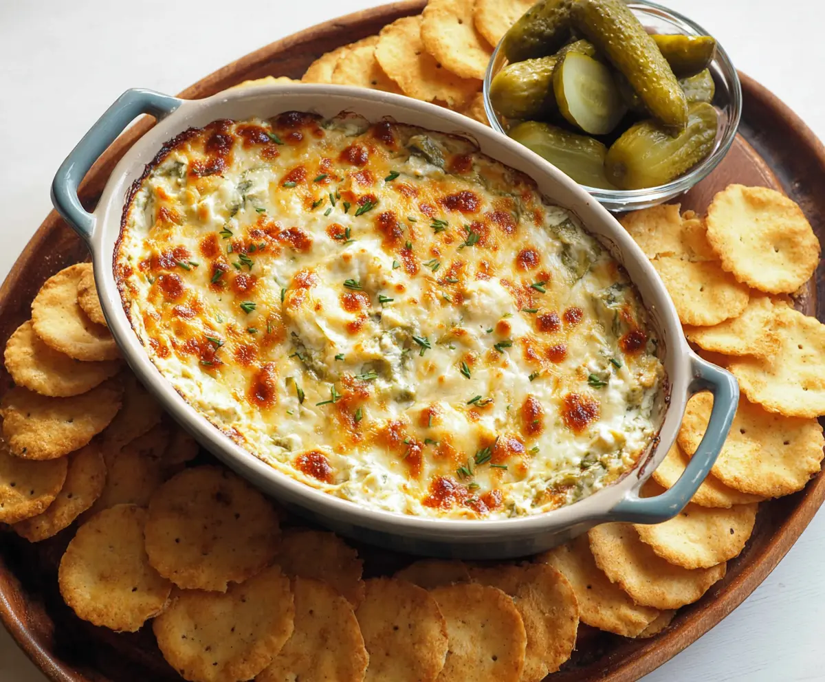 Delicious baked pickle dip served in a bowl with fresh herbs on a white plate