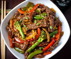 Delicious beef stir fry with colorful vegetables on a skillet.