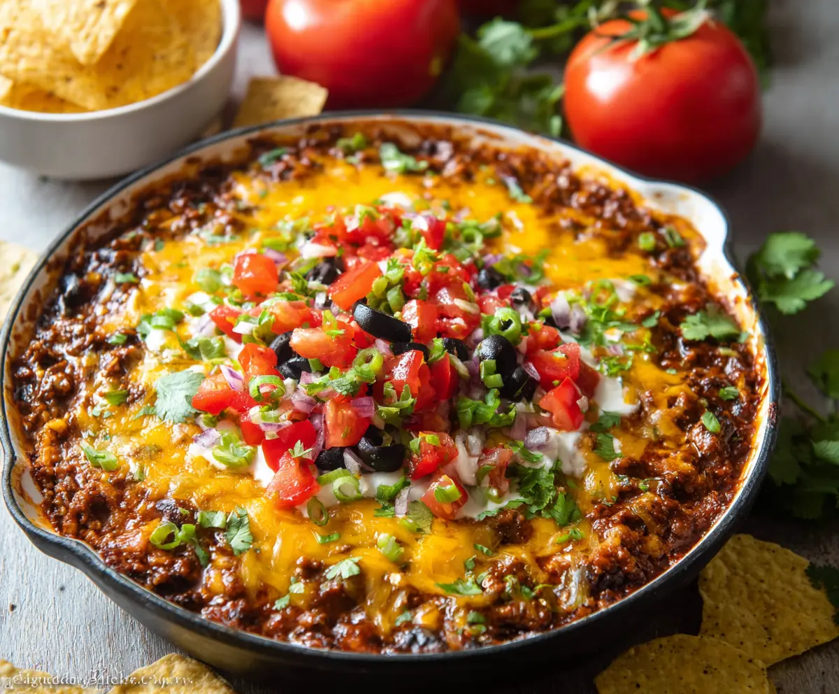 Delicious Beefy Taco Dip with melted cheese and seasoned ground beef in a serving bowl.