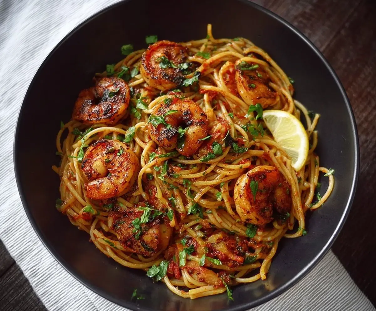 Creamy Blackened Shrimp Pasta with spices and fresh herbs on a white plate.