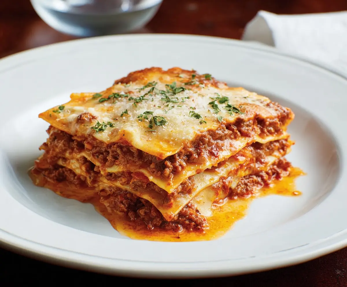 Delicious homemade Bolognese lasagna with melted cheese and rich meat sauce.