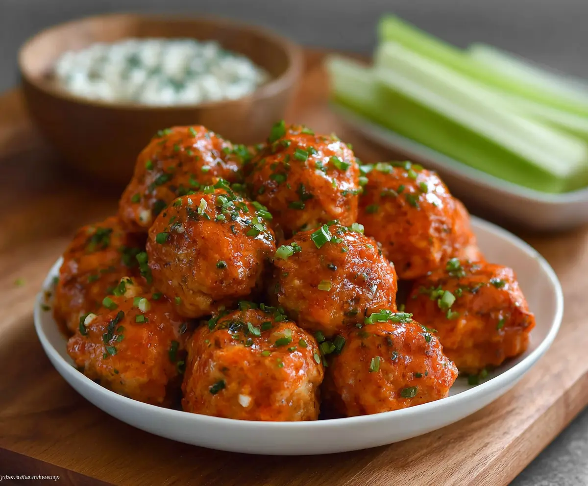 Spicy buffalo chicken meatballs served with fresh celery sticks and blue cheese dip.