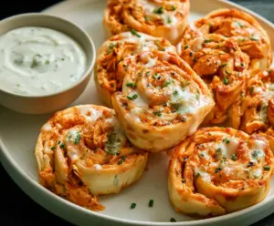 Delicious Buffalo Chicken Ranch Pinwheels on a serving platter, perfect for appetizer or party snacks.