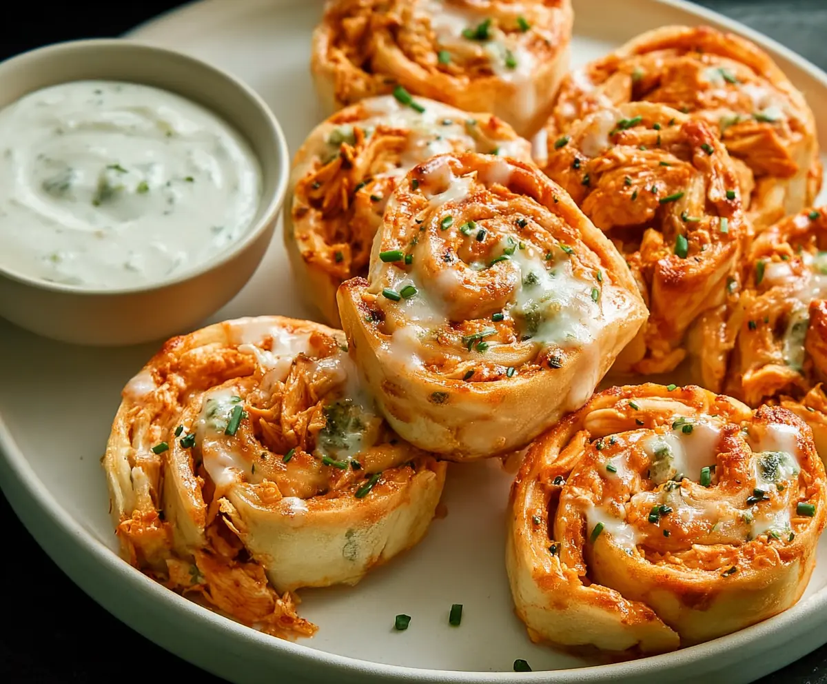 Delicious Buffalo Chicken Ranch Pinwheels on a serving platter, perfect for appetizer or party snacks.