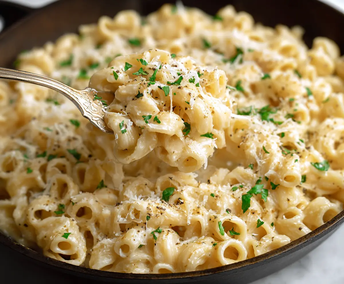 Creamy butter parmesan pasta garnished with fresh herbs in a rustic bowl