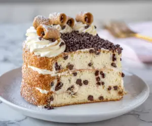 Delicious homemade Cannoli Cake with creamy ricotta frosting and crispy shell decorations