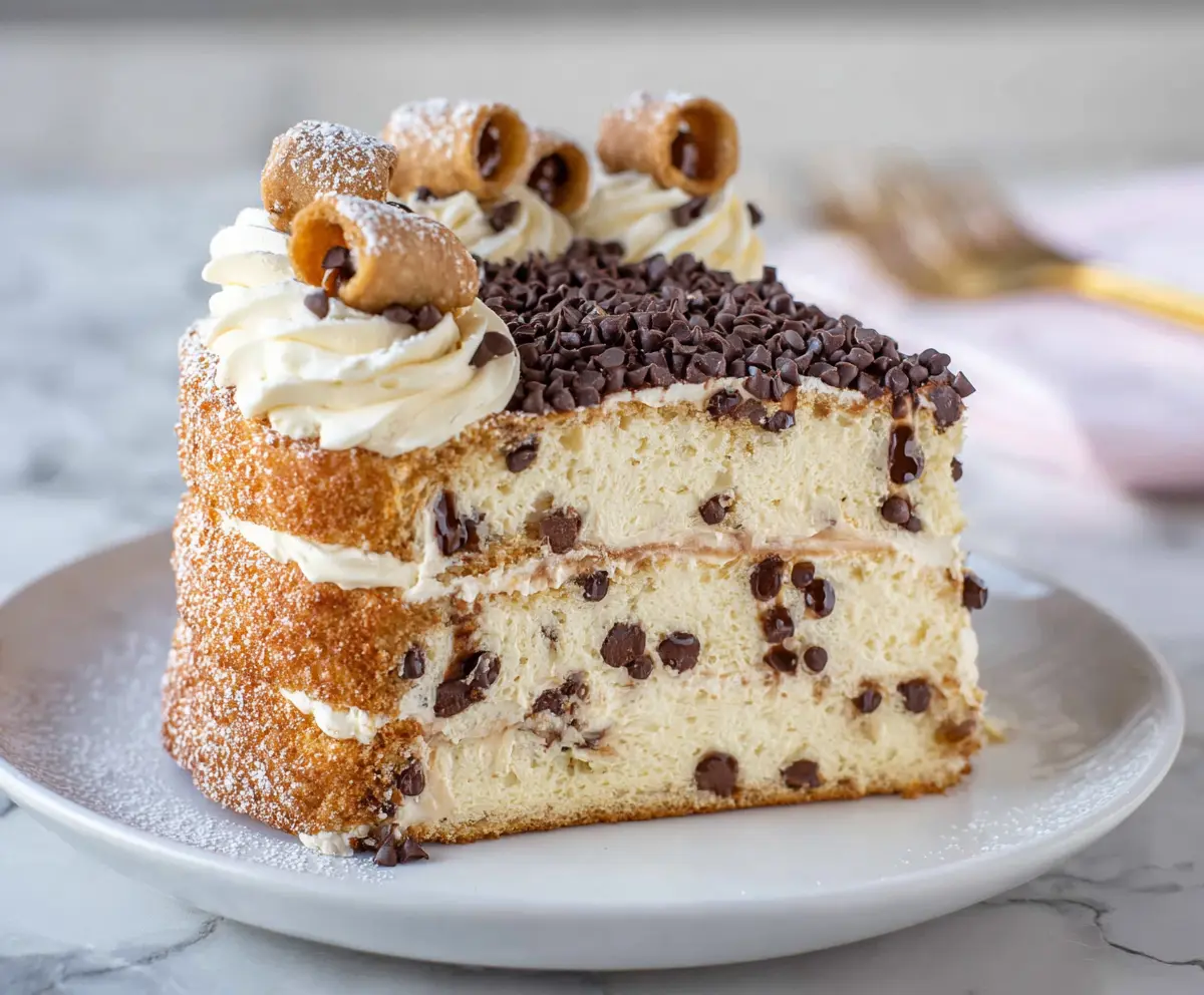 Delicious homemade Cannoli Cake with creamy ricotta frosting and crispy shell decorations