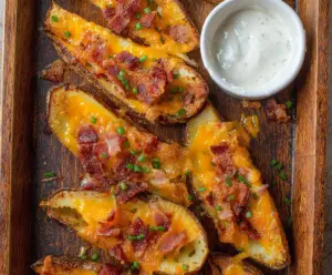 Crispy Cheddar Bacon Potato Wedges served as a delicious appetizer or side dish.
