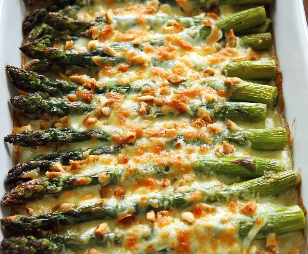 Delicious cheesy baked asparagus served on a white plate, perfect for a healthy appetizer or side dish.