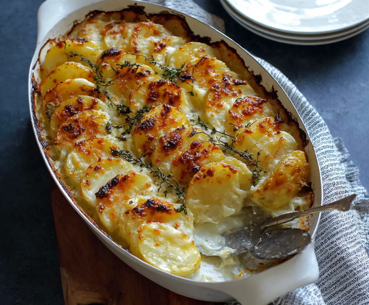 Delicious cheesy garlic butter potato bake in a baking dish, topped with melted cheese and herbs.