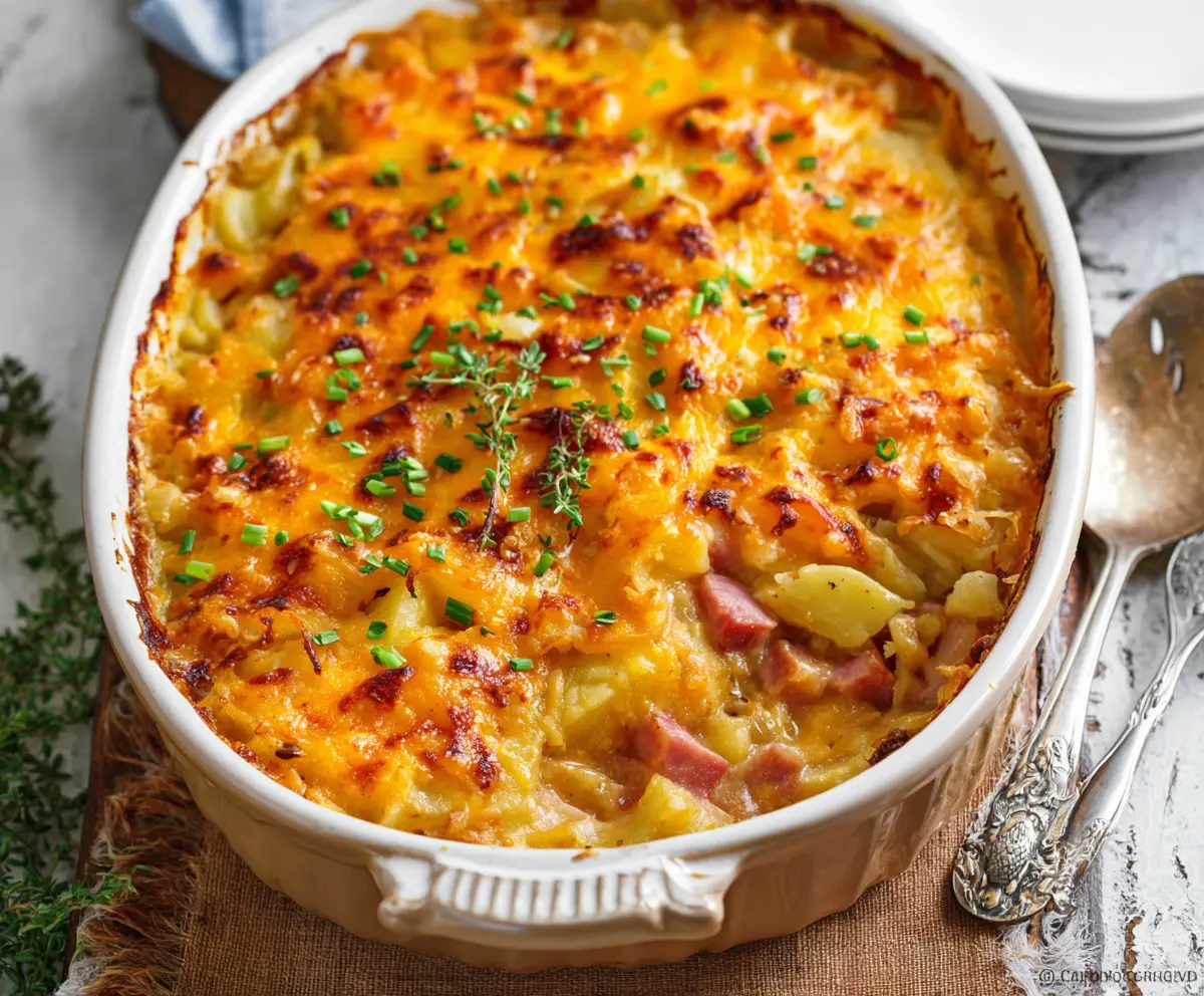 Delicious cheesy ham and potato casserole topped with melted cheese for a comforting meal.
