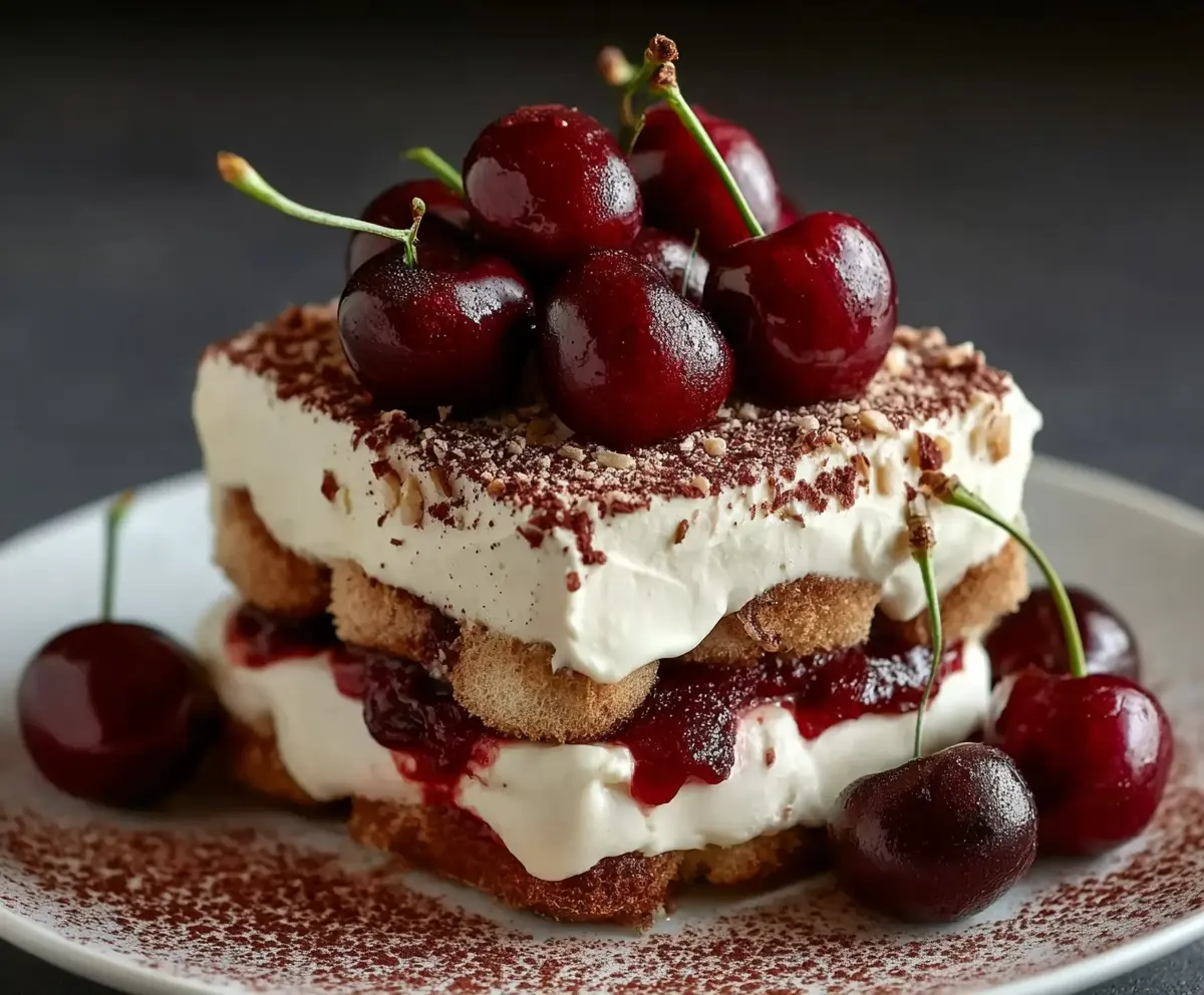 Delicious Cherry Amaretto Tiramisu layered dessert with fresh cherries, creamy mascarpone, and a dusting of cocoa powder.